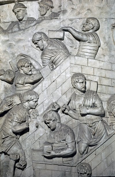 Romersk kunst: "" opførelse af et fort i den romerske lejr"" Form fra 1862, der gengiver basreliefferne af søjlen af Trajan (søjle Trajane) (Colonna Traiana) i Rom bygget under kejser Trajans regeringstid (53-117) . Trajanesøjlen mindes t af Roman Roman