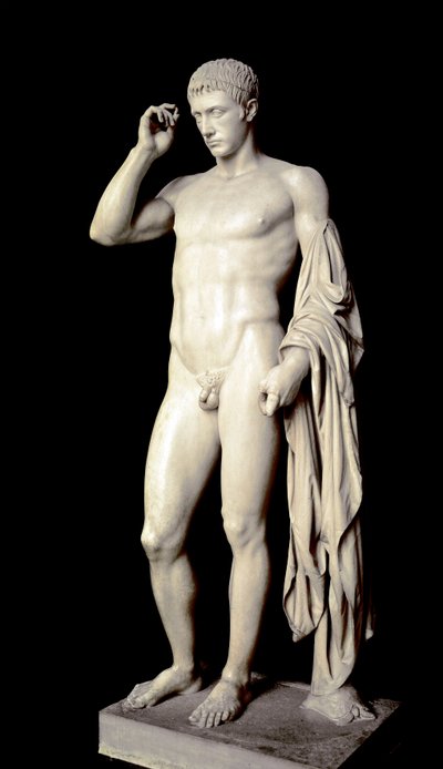 Romersk kunst: marmorskulptur af Marcus Claudius Marcellus (42-23 f.Kr.), nevø af Augustus, lavet af Cleomenes den athener, omkring 20 f.Kr., Dim. 190 cm - Paris, Louvre-museet - æresstatue af Marcellus (42-23 f.Kr.), nevø og første svigersøn af Aug. af Roman Roman