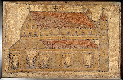 Romersk kunst: mosaik af en basilika repræsenteret i perspektiv, 2. halvdel af det 5. århundrede, nære østen - Paris, Louvre - romersk kunst: mosaik af Qabr Hiram nær Tyrus i Phoenicia, fra en tidlig byzantinsk (palæokristen) kirke viet til Saint Christop af Roman Roman