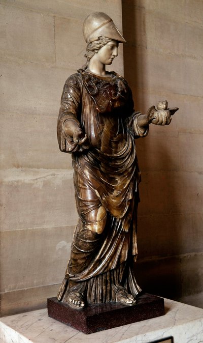 Romersk antik: statue af Minerva draperet og dækket med egiden, der holder en ugle i hånden. Skulptur i albaster og marmor. Hun er identificeret med den græske gudinde Athena. søn 1.33 m. Paris, Louvre-museet af Roman Roman