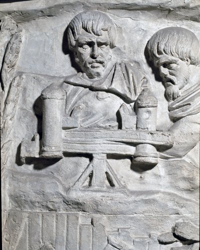 Romersk kunst: ""romerske soldater nær en katapult brugt under den første krig i Dacia"" Form fra 1862, der gengiver basreliefferne af søjlen af Trajan (søjle Trajane) (Colonna Traiana) i Rom bygget under kejser Trajans regeringstid ( 53-117). Trajane co af Roman Roman