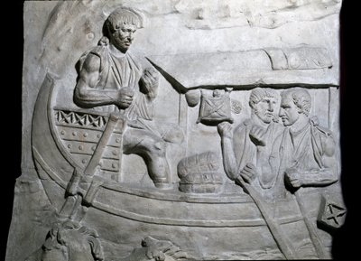 Romersk kunst: ""romerske soldater på et skib under den første krig i Dacia"" Form fra 1862, der gengiver basreliefferne af søjlen af Trajan (søjle Trajane) (Colonna Traiana) i Rom bygget under kejser Trajans regeringstid (53) -117). Trajane-søjlen commem af Roman Roman
