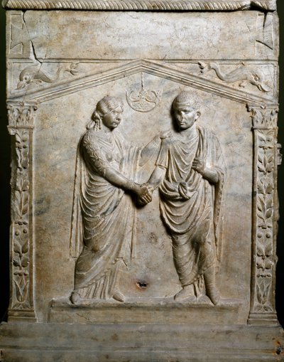 Romersk kunst: begravelsesalter dekorerer scenen for et bryllup (Junctio dextrarum). Lav lindring. Rom, Museo Nazionale Romano af Roman Roman