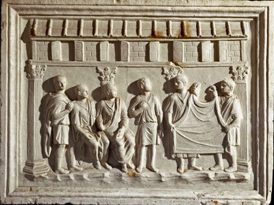 Romersk kunst: lavreliefform, der repræsenterer et stof og gobeliner. Fra en original fra det 2. århundrede e.Kr. Rom Museo della Civilta Romana af Roman Roman