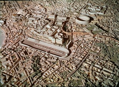 Romersk kunst: model, der forestiller byen Rom under antikken. I midten reserverer Circus Maximus eller Grand Circus til kampvognsløb. Rom, Museo della Civilta romana - romersk kunst. Cirkus Maximus og etruskiske mure. Detalje fra rekonstruktionsmodellen af Roman Roman