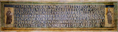 Romersk kunst: mosaik, der bærer dedikationen til Saint Sabine, kristen martyr i det 2. århundrede. Den bærer navnene på Peter af Illyrien (Pietro d