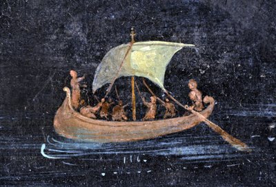 Romersk kunst: flodscene - båd og sømænd på en flod (flod) - fragment af en fresko fra Pompei bevaret på det arkæologiske museum i Napoli, Italien - Museo Archeologico Nazionale, Napoli, Italien - Foto Patrice Cartier - af Roman Roman