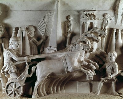 Romersk kunst: skulptureret relief, der repræsenterer en quadrig vogn, der trækkes af fire heste. Museum for romerske antikviteter, Rom af Roman Roman