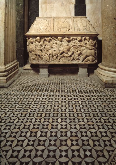 Romersk sarkofag med relieffer af en vildsvinejagtscene, låg dekorerer Medicis-familiens arme af Roman Roman