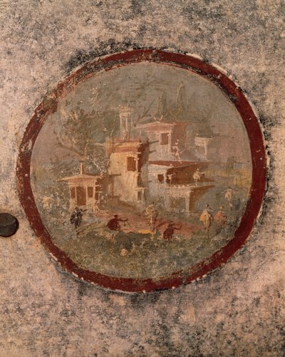 Rund med huse og bygninger, detaljer af fresco fra House of Centenary, Pompeji, Campania, romersk civilisation af Roman Roman