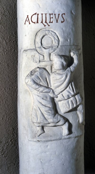Sankt Achilleus, romersk martyr i det 4. århundrede, halshugget af Cæsar, fordi han ikke ønskede at aflægge ed, fordi han var kristen. Lavt relief af katakomberne fra Santa Domitilla til Rom. af Roman Roman