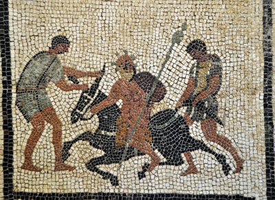 Sileno ebbro: Den berusede Silene rider på et æsel, der holdes af to tjenere. Mosaik fra Pompei, Paquius Proculus