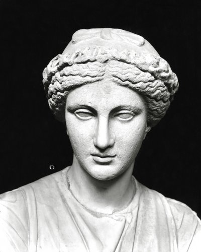 Statue af Clio holder en rulle, detalje af hovedet (sten) (s/h foto) (se også 161938) af Roman Roman