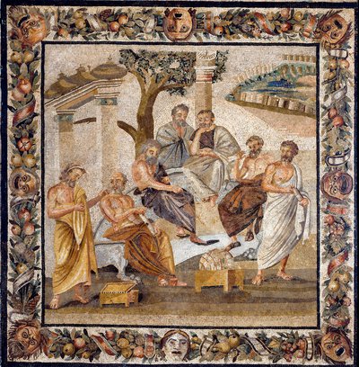 Akademiet af Platon: filosoffen, der sidder i midten, underviser en gruppe disciple fra Akademiet i Athen (grundlagt af ham i 378 f.Kr.) - Mosaik fundet i Boscotrecase, nu udstillet på Nationalmuseet, Napoli. - Platons Akademi: filosoffen - af Roman Roman