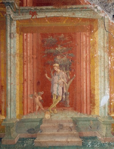 Teaterscene, fresco (IV-stil) på rød baggrund fra House of Pinarius Cerialis, Pompeji (Unescos verdensarvsliste af Roman Roman