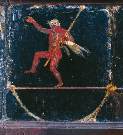 Kolmannen tyylin fresko, joka kuvaa funambolisti Seleniä, yksityiskohta Silenuksesta pitelemässä thyrsusta, niin kutsutusta Ciceron huvilasta Pompejissa af Roman Roman