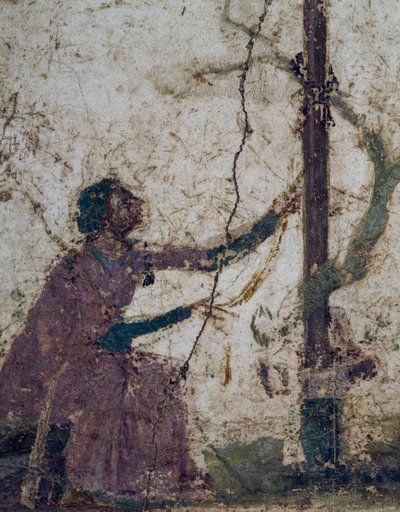 Kvinde ved helligt træ, fragment af fresko fra Pompeji, Campania, Italien, romersk civilisation af Roman Roman