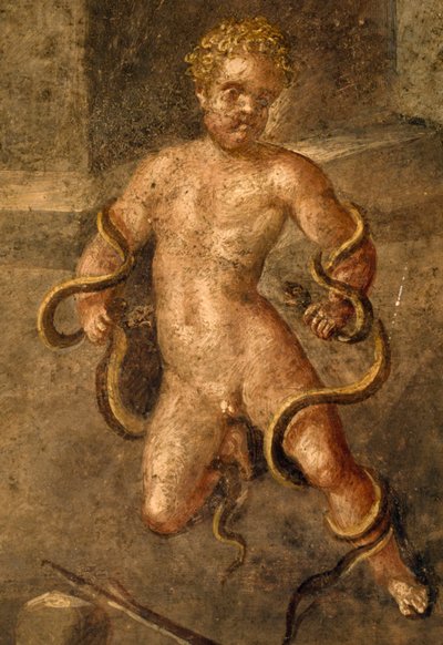 Unge Heracles kvæler slanger, detalje af fresko fra oecus i House of Vettii, Pompeji (UNESCOs verdensarvsliste af Roman Roman