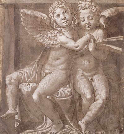 To siddende engle synger, efter Polidoro da Caravaggio (pen og brun blæk, brun vask med hvidt på gråblåt papir) af Roman School