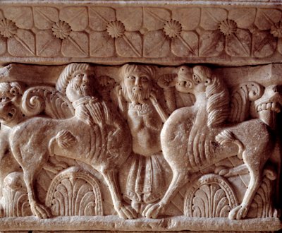 En kentaur og en løve, udskåret hovedstad i Priory-tribunen af Romanesque