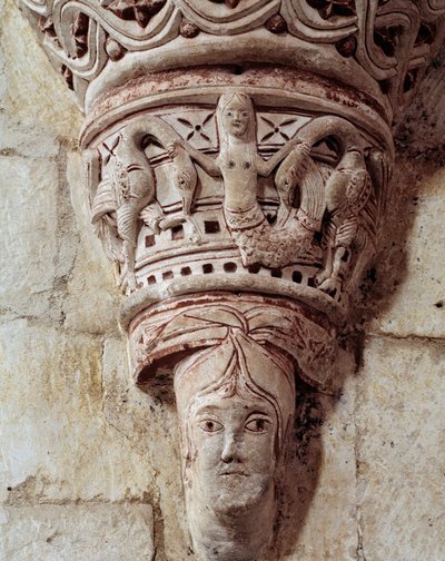 En havfrue, udskåret hovedstad i koret af Romanesque