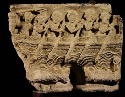 Kapital på to søjler, der viser roere i en båd af Romanesque