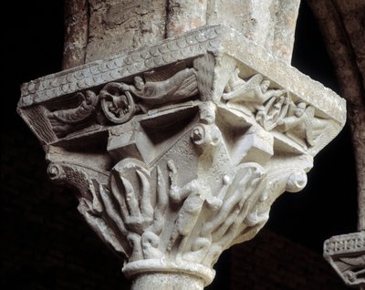 Kapital, der repræsenterer de tre jøder i den brændende ovn (skulptur af Romanesque