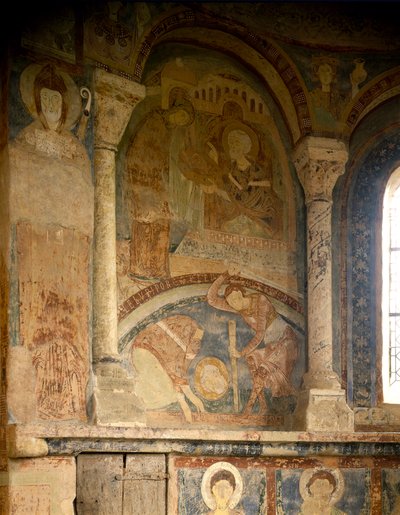 Romansk kunst: Maleri, der forestiller Saint Laurents martyr (1103-1130). Fresco. Chapel of the Chateau des Moines, Berze la Ville (Berze-la-Ville i Saone og Loire, Bourgogne), Frankrig. af Romanesque