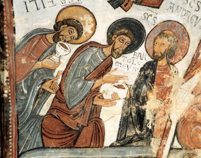 Romansk kunst: "" apostlene Philip, Barthelemy og Andre "" Fresco of the Vote of the Cene, Church of St. Isidore 12. århundrede Real Colegiata af San Isidoro, Leon af Romanesque