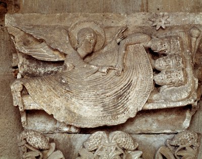 Magi sover med en engel, der vækker dem og peger mod stjernen i Betlehem (udskåret hovedstad) af Romanesque