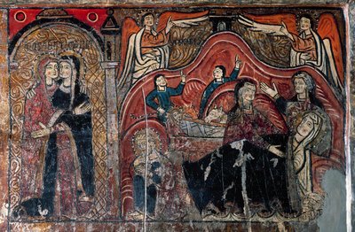 Visitationen og Fødselen med jordemødrene Celomi og Salome, detaljer af Romanesque