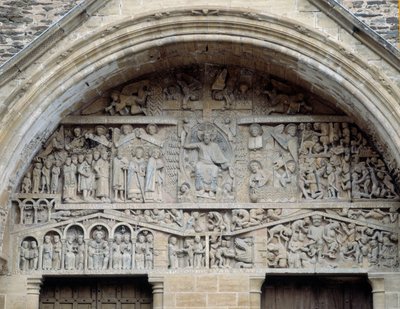 Udsigt over den sidste doms tympanon, Kristus mellem paradis og helvede (skulptur af Romanesque