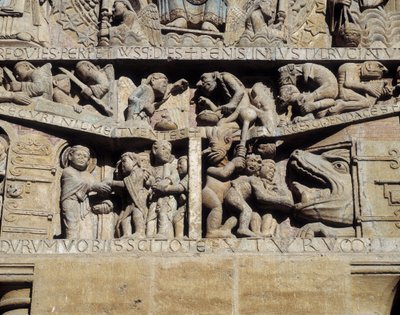Udsigt over den sidste doms tympanon, helvedes detalje (skulptur af Romanesque