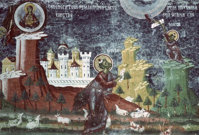 Moses på bjerget, kirkens sydvæg, ca. 1601 af Romanian School