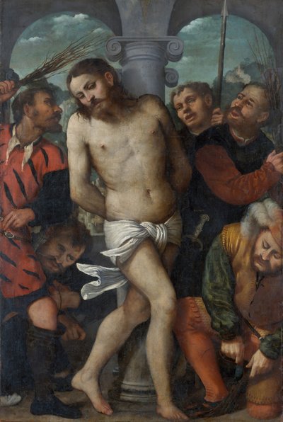 The Flagellation, omvendt The Madonna of Mercy, ca. 1540. af Romanino