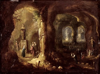 Grotte med statuer og talrige figurer, der tilbeder afguder (Sankt Simeon Stylites), ca. 1640 (olie på kobber) af Rombout van Troyen