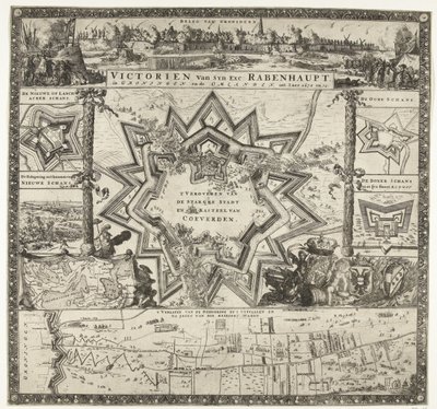 Rabenhaupts sejre i Groningen i årene 1672-1673 Victorien van syn exc. Rabenhaupt, i Groningen og Omlanden, int iaer 1672 og 73 (titel på objekt) af Romeyn de Hooghe (attributed to)