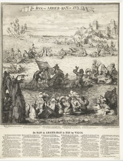 Tegneserie af indtagelsen af ​​sølvflåden i Vigo, 1702 Forbud og ankomstforbud i havet (titel på objekt) Forbud og ankomstforbud i havet ved Vigos (titel på objekt) af Romeyn de Hooghe (possibly)