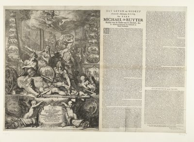 Allegori om Michiel de Ruyters død, 1676 The Life and Business of the Ed: Manhaften Heer, Den Heer Michaël de Ruyter Ridder af St. Michiels Orden, &c. Lt. Generaladmiral van Hollandt og West-Vrieslandt (titel på objekt) af Romeyn de Hooghe