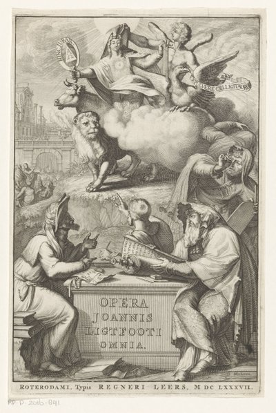 Allegorisk figur med jødisk mand Titelside for: John Lightfoot, Opera Joannis Ligtfooti omnia, 1686 af Romeyn de Hooghe