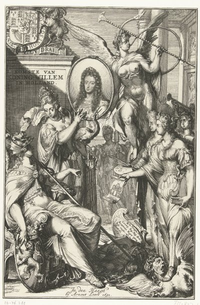 Allegorisk frontispice med portræt af Vilhelm III Kong Williams ankomst til Holland (titel på objektet) af Romeyn de Hooghe
