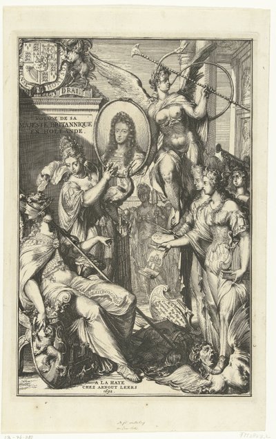 Allegorisk frontispice med portræt af Vilhelm III Voyage de sa Majeste Britannique en Hollande (titel på objekt) af Romeyn de Hooghe