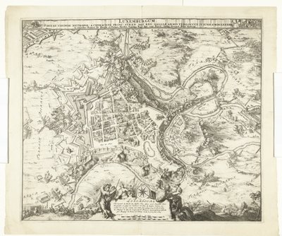 Bombardement fra Luxemburg af maarschalk de Créquy, 1684 Luxembourg, leder. efternavn metropol en chimacens-prins stren def. reg. Men Galliens våben optog ham. 4. juni Ao. 8834 (titel på objekt) af Romeyn de Hooghe