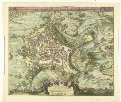 Bombardement fra Luxemburg af maarschalk de Créquy, 1684 Luxembourg, leder. efternavn metropol en chimacens-prins stren def. reg. Men Galliens våben optog ham. 4. juni Ao. 8834 (titel på objekt) af Romeyn de Hooghe