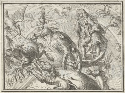Karikatur af Ludvig XIV som Apollon i sin vogn, 1701 af Romeyn de Hooghe