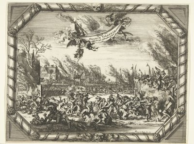 Franske grusomheder i Bodegraven og Zwammerdam, 1672 Spiegel der France Tirannye bønfaldt ved Hollantsche Dorpen (titel på objekt) af Romeyn de Hooghe