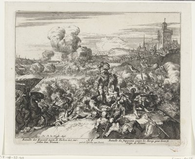 Kampe mellem habsburgere og tyrkere lige uden for Wien Bataille der Keyserse mod tyrkerne int desetten van Weenen (titel på objekt) af Romeyn de Hooghe