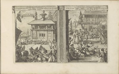 Japansk købehandel; Hof van de koning van de Calaminhans Japans koophandel / Trade of Japan // Calaminhans Eer Pracht / Magnificence of King Calaminhan, i Ostindien (titel på objektet) Øst- og Vestindien og andre steder (serie af Romeyn de Hooghe
