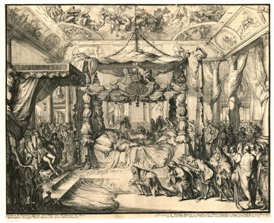 Dronning Mary II Stuart på sit dødsleje, 1695 Mary II Stuarts, dronning af Englands død og begravelse, 1695 (serietitel) af Romeyn de Hooghe