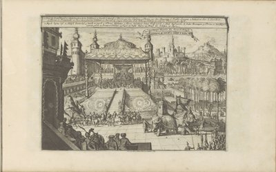 Koninklijk hof i Mongoliet Mongols Hof en Hofpracht / Court and Royal Pump of the Great Mogul (titel på objektet) Øst- og Vestindien og andre steder (serietitel) af Romeyn de Hooghe